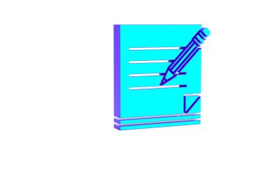 Beyaz arkaplanda silgi simgesi olan turkuaz boş defter ve kalem. Kağıt kalem. Minimalizm kavramı. 3d illüstrasyon 3B canlandırma