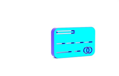 Turkuaz kredi kartı simgesi beyaz arkaplanda izole edildi. Çevrimiçi ödeme. Nakit çekilmesi. Finansal operasyonlar. Alışveriş tabelası. Minimalizm kavramı. 3d illüstrasyon 3B canlandırma