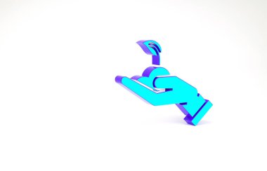 Turkuaz filizi, beyaz arka planda izole edilmiş çevre koruma ikonunun elinde. Tohum ve tohum. Fidan dikiyorum. Ekoloji konsepti. Minimalizm kavramı. 3d illüstrasyon 3B canlandırma