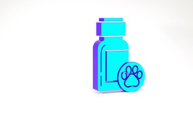 Turkuaz Köpek ilaç şişesi ikonu beyaz arka planda izole edilmiş. İçinde haplar olan konteynır. Hayvan için reçeteli ilaç. Minimalizm kavramı. 3d illüstrasyon 3B canlandırma