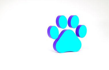 Turkuaz Paw yazdırma simgesi beyaz arkaplanda izole edildi. Köpek ya da kedi pençesi izi. Hayvan izleri. Minimalizm kavramı. 3d illüstrasyon 3B canlandırma