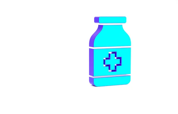 Beyaz arka planda izole edilmiş turkuaz ilaç şişesi ikonu. Şişe hapı işareti. Eczane tasarımı. Minimalizm kavramı. 3d illüstrasyon 3B canlandırma — Stok fotoğraf