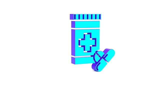 Frasco de medicina turquesa y píldoras icono aislado sobre fondo blanco. Signo de la píldora. Diseño de farmacia. Concepto minimalista. 3D ilustración 3D render —  Fotos de Stock