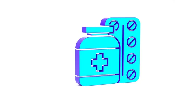 Turkoois Medicijn fles en pillen pictogram geïsoleerd op witte achtergrond. Flessenpil teken. Farmaceutisch ontwerp. Minimalisme concept. 3d illustratie 3D renderen — Stockfoto