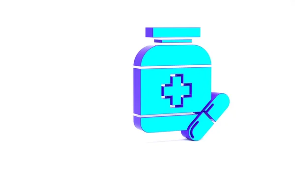 Frasco de medicina turquesa y píldoras icono aislado sobre fondo blanco. Signo de la píldora. Diseño de farmacia. Concepto minimalista. 3D ilustración 3D render —  Fotos de Stock