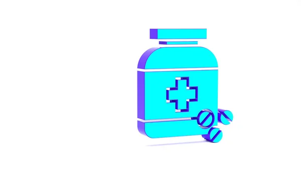 Turchese Medicina bottiglia e pillole icona isolata su sfondo bianco. Segno della pillola della bottiglia. Design della farmacia. Concetto minimalista. Illustrazione 3d rendering 3D — Foto Stock