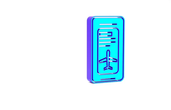 Smartphone turquesa com cartão de embarque eletrônico ícone bilhete de avião isolado no fundo branco. Passageiro avião bilhete móvel para web e app. Conceito de minimalismo. 3D ilustração 3D render — Fotografia de Stock