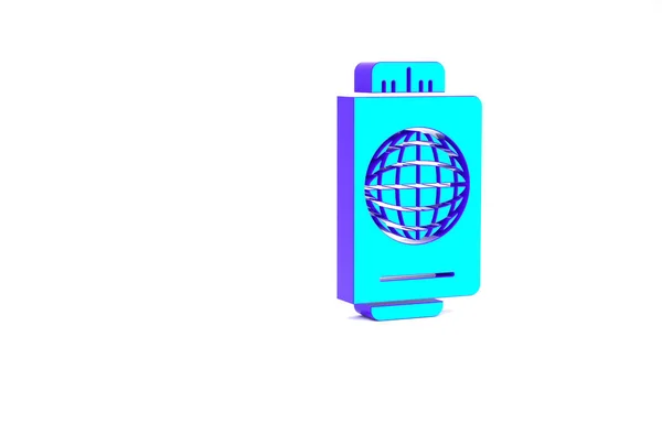 Tyrkysový pas s ikonou lístku izolovanou na bílém pozadí. Identifikační doklad. Koncept cestování a cestovního ruchu. Minimalismus. 3D ilustrace 3D vykreslení — Stock fotografie