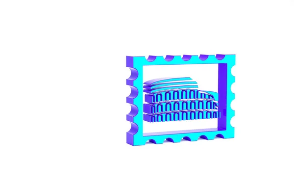 Carimbo postal turquesa e ícone Coliseu isolado no fundo branco. Sinal do Coliseu. Símbolo da Roma Antiga, lutas de gladiadores. Conceito de minimalismo. 3D ilustração 3D render — Fotografia de Stock
