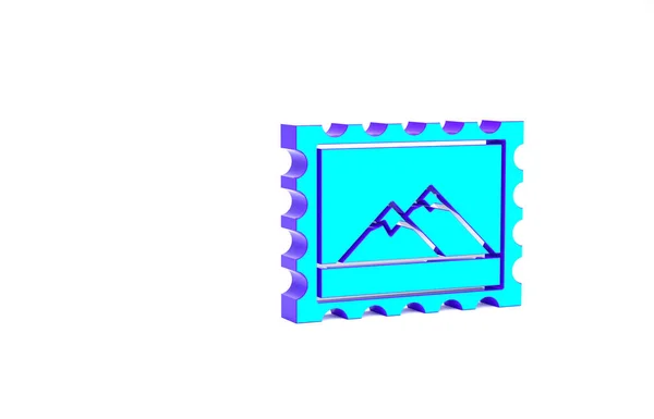 Türkise Briefmarke und Gebirgssymbol isoliert auf weißem Hintergrund. Minimalismus-Konzept. 3D Illustration 3D Renderer — Stockfoto