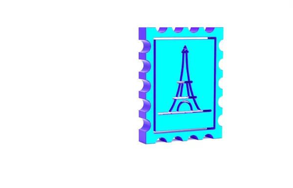 绿松石邮票和埃菲尔铁塔图标隔离在白色背景。最低纲领的概念。3D渲染3D插图 — 图库照片