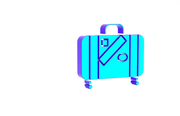 Türkiz Bőrönd utazáshoz és matricák ikon elszigetelt fehér alapon. Utazó csomagjelzés. Útipoggyász ikon. Minimalizmus koncepció. 3d illusztráció 3D render — Stock Fotó