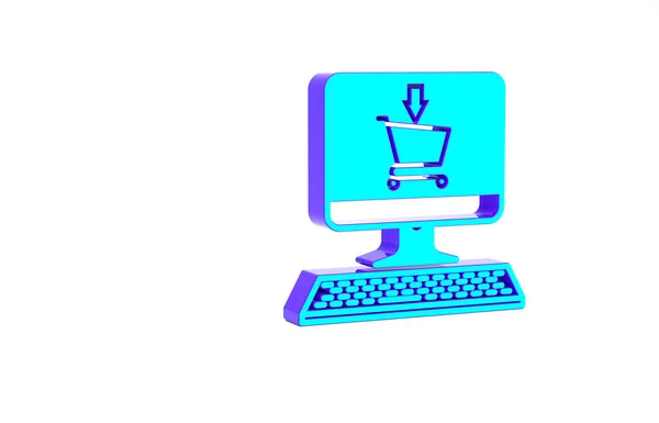 Turquoise Winkelwagen op scherm computer pictogram geïsoleerd op witte achtergrond. Concept e-commerce, e-business, online business marketing. Minimalisme concept. 3d illustratie 3D renderen — Stockfoto