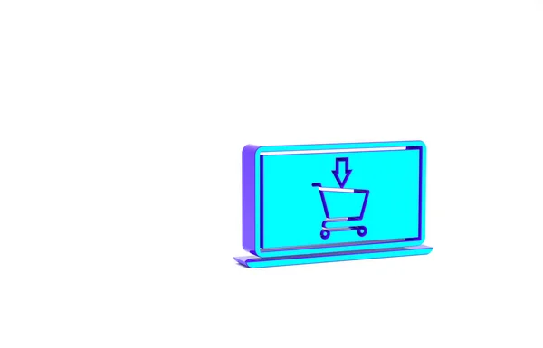Turkusowy koszyk na ekranie ikony laptopa na białym tle. Koncepcja e-commerce, e-biznes, marketing internetowy. Koncepcja minimalizmu. Ilustracja 3D 3D renderowania — Zdjęcie stockowe
