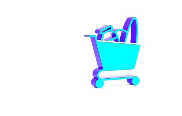 Turquoise Shopping cart and food icon isolated on white background. Food store, supermarket. Minimalism concept. 3d illustration 3D render — Stock Photo, Image