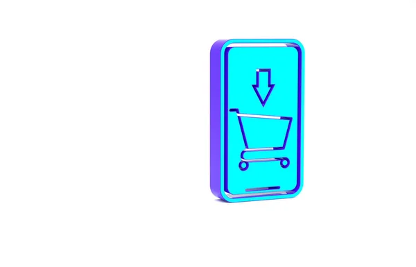 Turkusowy telefon komórkowy i ikona koszyka na białym tle. Symbol zakupu online. Symbol koszyka w supermarkecie. Koncepcja minimalizmu. Ilustracja 3D 3D renderowania — Zdjęcie stockowe