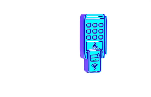 Turkusowy terminal POS z wydrukowanym odbiorem i potwierdza płatność ikoną smartfona izolowaną na białym tle. Koncepcja płatności NFC. Koncepcja minimalizmu. Ilustracja 3D 3D renderowania — Zdjęcie stockowe