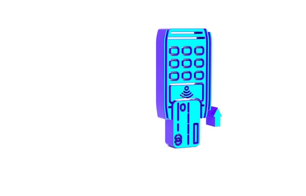 Термінал Turquoise Pos з іконою з вставленими кредитними картками, ізольованим на білому тлі. Оплата терміналу транзакції. Платити карткою. Концепція мінімалізму. 3D-рендеринг — стокове фото