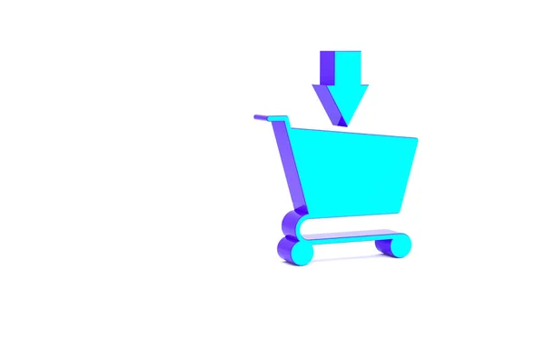 Turquesa Adicionar ao Carrinho de compras ícone isolado no fundo branco. Conceito de compra online. Sinal de serviço de entrega. Símbolo da cesta de supermercado. Conceito de minimalismo. 3D ilustração 3D render — Fotografia de Stock