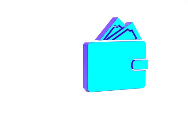 Бірюзовий алет з іконою готівки на папері ізольований на білому фоні. Ікона сумочки. Символ заощадження готівки. Концепція мінімалізму. 3D-рендеринг — стокове фото