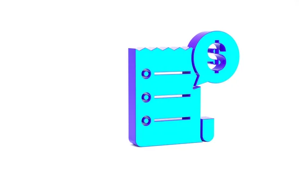 Türkis Papierscheck und Finanzscheck-Symbol isoliert auf weißem Hintergrund. Papierdruck-Scheck, Kaufbeleg oder Rechnung. Minimalismus-Konzept. 3D Illustration 3D Renderer — Stockfoto
