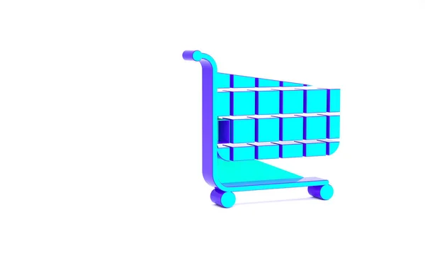 绿松石购物车图标孤立在白色背景.网上购物的概念。送货服务标志。超级市场篮子的象征.最低纲领的概念。3D渲染3D插图 — 图库照片