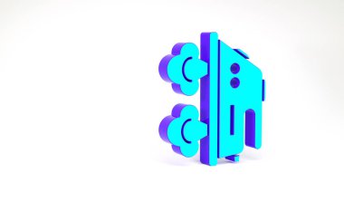 Beyaz zemin üzerinde izole edilmiş turkuaz elektrikli ütü ikonu. Buhar ütüsü. Minimalizm kavramı. 3d illüstrasyon 3B canlandırma