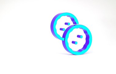 Beyaz arkaplanda izole edilmiş kıyafet simgesi için turkuaz dikiş düğmesi. Giysi düğmeleri. Minimalizm kavramı. 3d illüstrasyon 3B canlandırma