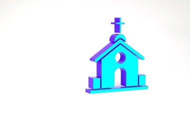 Turkuaz kilise binası ikonu beyaz arka planda izole edilmiş. Hıristiyan Kilisesi. Kilisenin dini. Minimalizm kavramı. 3d illüstrasyon 3B canlandırma