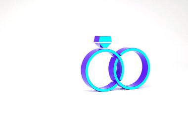 Turkuaz alyans simgesi beyaz arkaplanda izole edildi. Gelin ve damat mücevher tabelası. Evlilik ikonu. Elmas yüzük ikonu. Minimalizm kavramı. 3d illüstrasyon 3B canlandırma