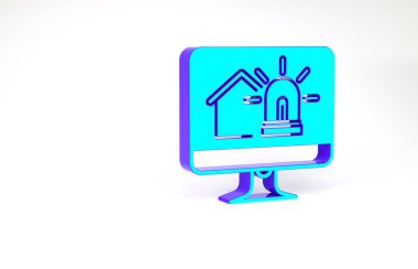 Akıllı ev ve alarm simgesine sahip turkuaz bilgisayar monitörü beyaz arkaplanda izole edildi. Akıllı evin güvenlik sistemi. Minimalizm kavramı. 3d illüstrasyon 3B canlandırma