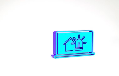 Akıllı ev ve alarm simgesine sahip turkuaz dizüstü bilgisayar beyaz arka planda izole edildi. Akıllı evin güvenlik sistemi. Minimalizm kavramı. 3d illüstrasyon 3B canlandırma