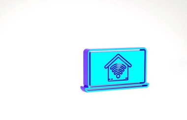 Beyaz arkaplanda kablosuz ağ ikonu olan akıllı bir eve sahip turkuaz dizüstü bilgisayar. Uzaktan kumanda. Minimalizm kavramı. 3d illüstrasyon 3B canlandırma