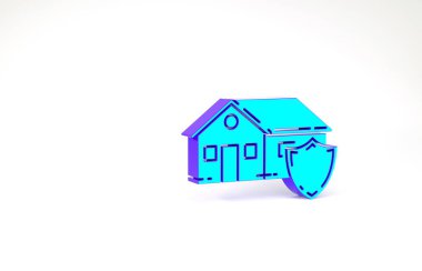 Beyaz arka planda izole edilmiş koruma simgesi altındaki turkuaz ev. Koruma, güvenlik, güvenlik, koruma, savunma konsepti. Minimalizm kavramı. 3d illüstrasyon 3B canlandırma