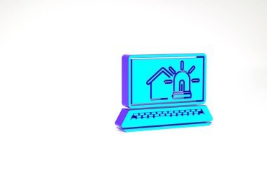 Akıllı ev ve alarm simgesine sahip turkuaz dizüstü bilgisayar beyaz arka planda izole edildi. Akıllı evin güvenlik sistemi. Minimalizm kavramı. 3d illüstrasyon 3B canlandırma