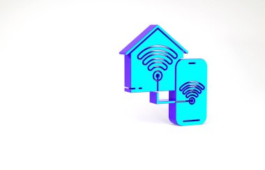 Beyaz arkaplanda kablosuz ağ ikonu olan turkuaz akıllı bir ev. Uzaktan kumanda. Minimalizm kavramı. 3d illüstrasyon 3B canlandırma