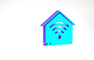 Beyaz arkaplanda kablosuz ağ ikonu olan turkuaz akıllı bir ev. Uzaktan kumanda. Minimalizm kavramı. 3d illüstrasyon 3B canlandırma