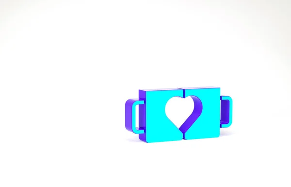 Turkusowy Dwie filiżanki kawy i ikona serca izolowane na białym tle. Kawa dla zakochanych w Walentynki. Koncepcja minimalizmu. Ilustracja 3D 3D renderowania — Zdjęcie stockowe