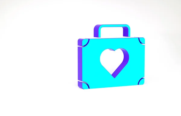 Valise turquoise pour voyage avec icône de coeur isolée sur fond blanc. Symbole de lune de miel. Panneau des bagages de voyage. Icône bagages de voyage. Concept de minimalisme. Illustration 3D rendu 3D — Photo