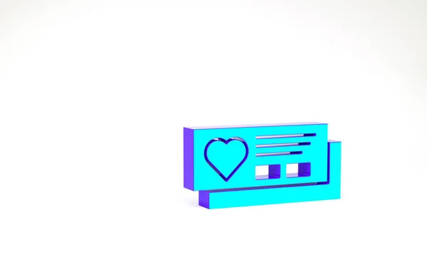 Boleto Turquesa con icono del corazón aislado sobre fondo blanco. Tarjeta de embarque con corazón. Concepto minimalista. 3D ilustración 3D render — Foto de Stock