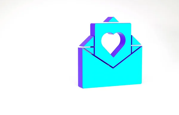 Envelope turquesa com ícone de coração Valentine isolado no fundo branco. Mensagem de amor. Carta de amor e romance. Conceito de minimalismo. 3D ilustração 3D render — Fotografia de Stock