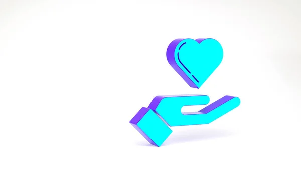 Türkis Herz auf der Hand Symbol isoliert auf weißem Hintergrund. Hand, die Liebe symbolisiert. Minimalismus-Konzept. 3D Illustration 3D Renderer — Stockfoto