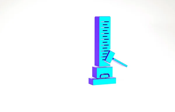 绿松石高前锋的吸引力与大锤击图标隔离在白色背景.用来测量强度的吸引力。娱乐公园。最低纲领的概念。3D渲染3D插图 — 图库照片
