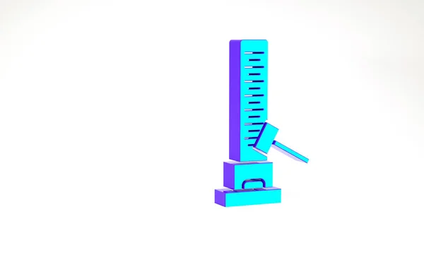 Türkis Hohe Stürmer-Attraktion mit großem Hammer-Symbol auf weißem Hintergrund. Attraktion zur Messung der Stärke. Freizeitpark. Minimalismus-Konzept. 3D Illustration 3D Renderer — Stockfoto