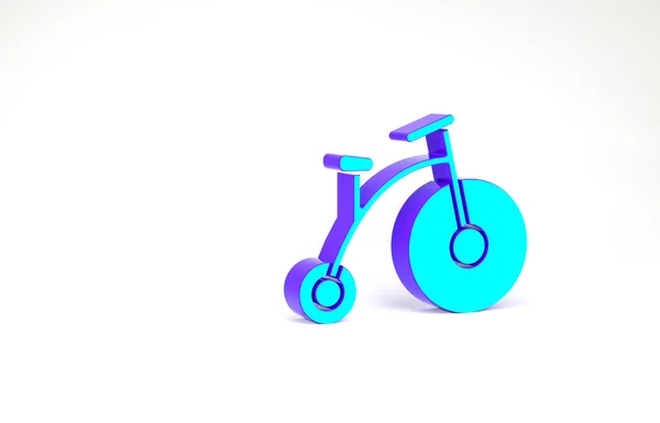 绿松石复古自行车与一个大车轮和一个小图标隔离在白色背景.自行车公共运输标志。最低纲领的概念。3D渲染3D插图 — 图库照片