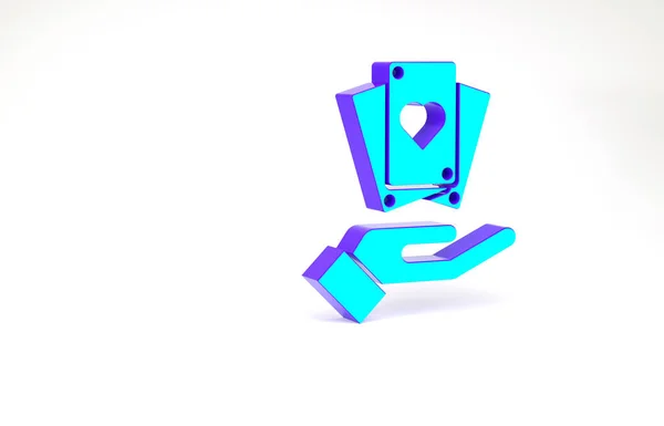 Mão azul-turquesa segurando o ícone de cartas isoladas no fundo branco. Projeto do jogo do casino. Conceito de minimalismo. 3D ilustração 3D render — Fotografia de Stock