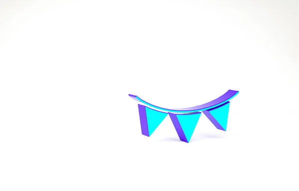Guirlande de carnaval turquoise avec icône drapeaux isolés sur fond blanc. Pendentifs de fête pour la célébration d'anniversaire, festival et décoration juste. Concept de minimalisme. Illustration 3D rendu 3D — Photo
