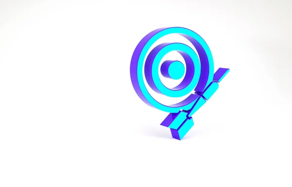 Tablero de dardos Turquesa Classic e icono de flecha aislado sobre fondo blanco. Signo de tablero de dardos. Concepto de juego. Concepto minimalista. 3D ilustración 3D render — Foto de Stock