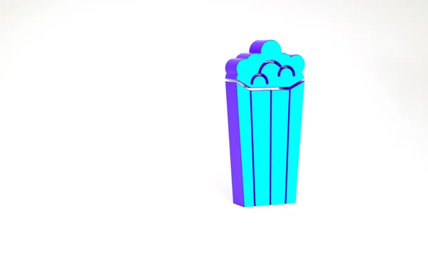 Türkisfarbenes Popcorn in Pappschachtel-Ikone isoliert auf weißem Hintergrund. Popcorn-Eimerbox vorhanden. Minimalismus-Konzept. 3D Illustration 3D Renderer — Stockfoto
