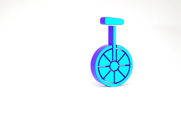 Türkisfarbenes Einrad oder einrädriges Fahrrad-Symbol auf weißem Hintergrund. Einrad-Fahrrad. Minimalismus-Konzept. 3D Illustration 3D Renderer — Stockfoto
